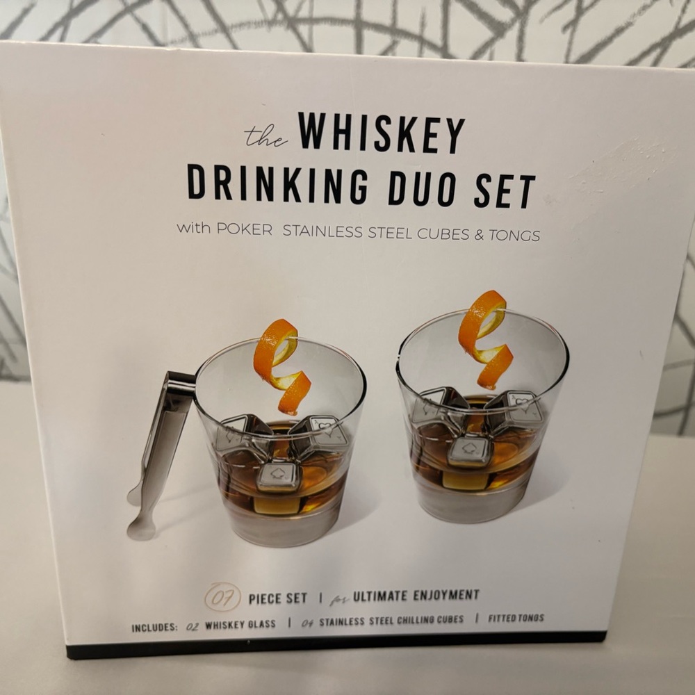 Whiskey Drinking Duo Set with Stainless Steel Cubes and Tongs